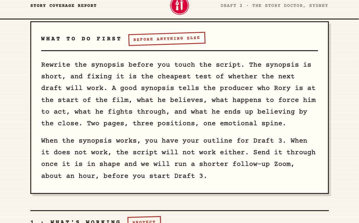 A panel headed “What to do first — before anything else”, instructing the writer to rewrite the synopsis before touching the script.